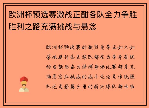 欧洲杯预选赛激战正酣各队全力争胜胜利之路充满挑战与悬念