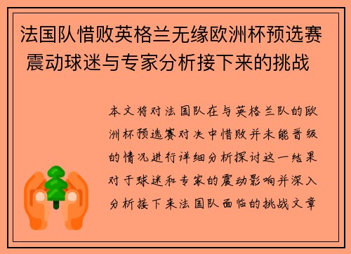法国队惜败英格兰无缘欧洲杯预选赛 震动球迷与专家分析接下来的挑战
